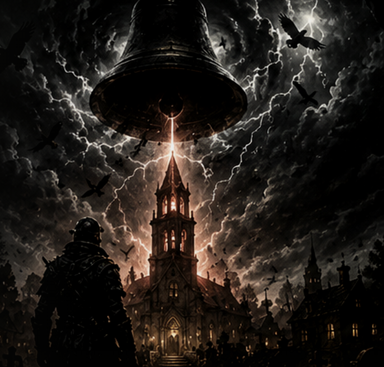 The Gravedigger beneath a monumental bell facing Blackwood Parish church during a storm