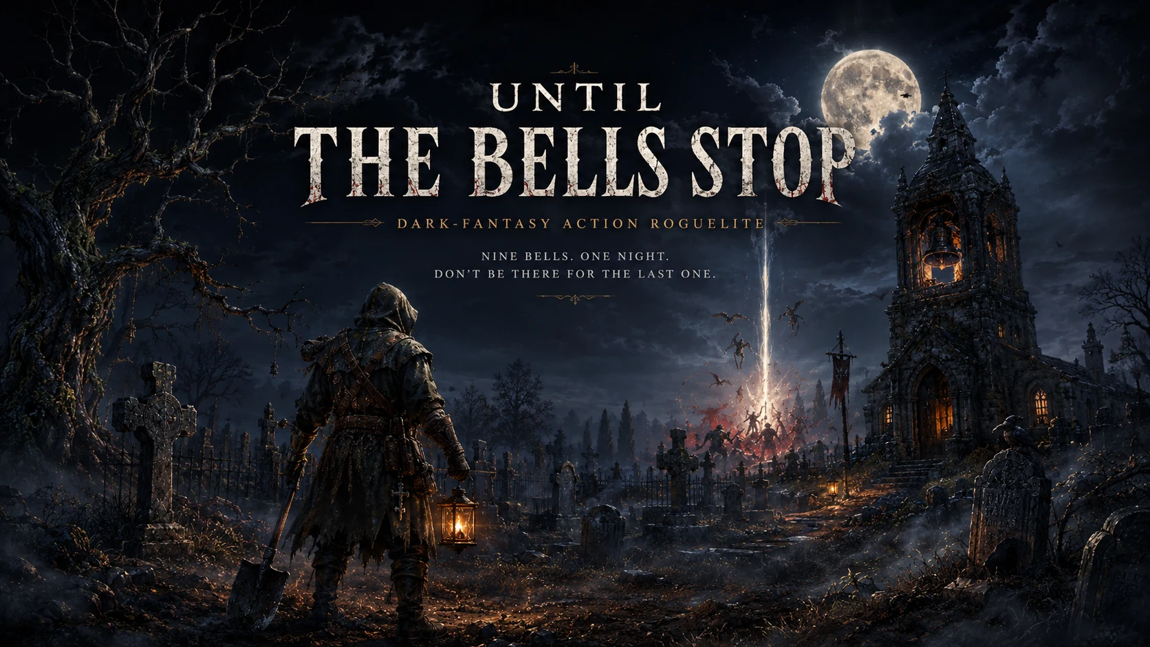 Until the Bells Stop key art showing the Gravedigger facing Blackwood Parish under a full moon