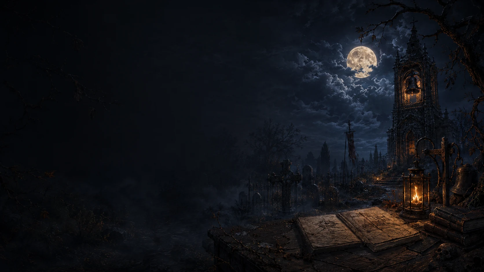 Moonlit Blackwood Parish with the bell tower above the graveyard