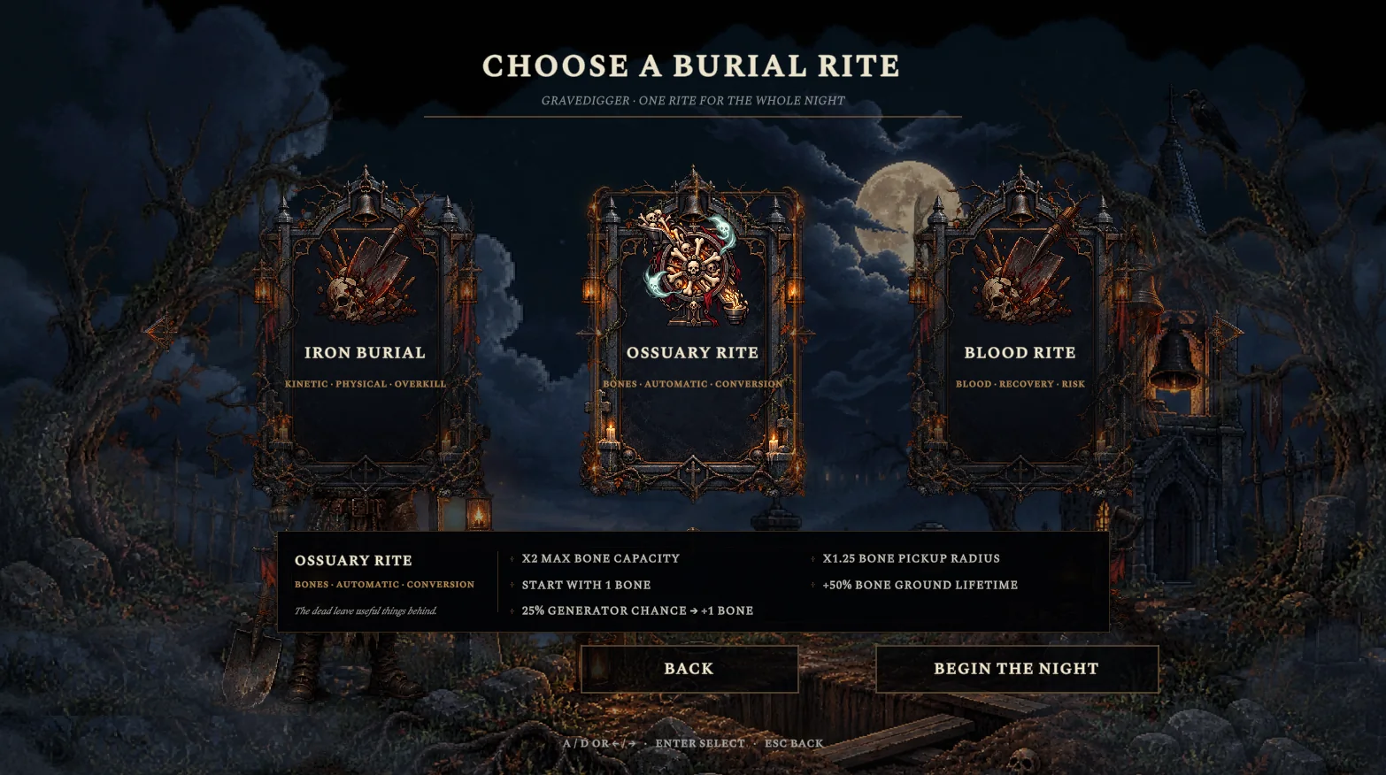 Burial Rite selection screen showing Iron Burial, Ossuary Rite and Blood Rite