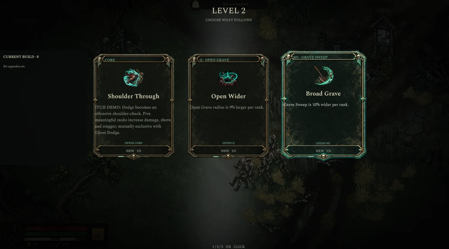 Gravedigger level-up screen with three upgrade choices